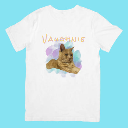 White t-shirt with a cat graphic and 'VAUGHNIE' text on a blue background